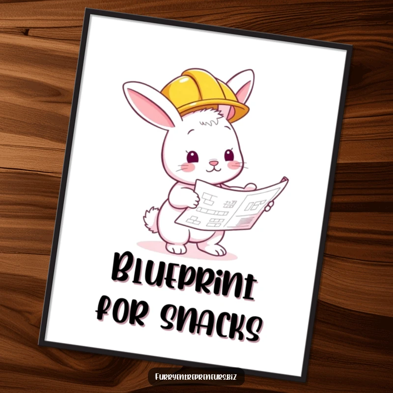 Funny bunny in a hard hat, examining a blueprint, displayed as humorous and precise wall art.