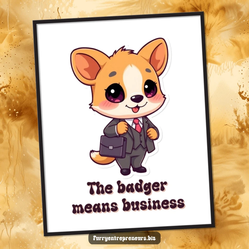 Funny Business Animal Poster: A cute animal in a tiny business suit holding a briefcase, presenting professional humor as wall art and a funny gift.
