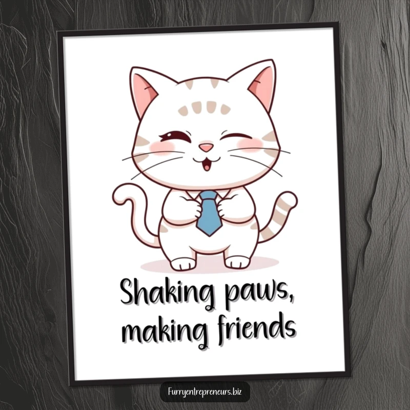Funny cat wearing a tie, winking while shaking hands, depicted as wall art poster, representing successful business, a funny gift.