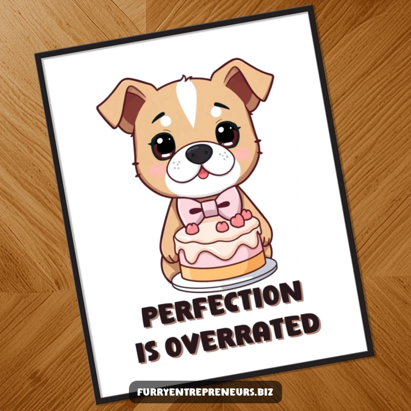 Funny poster art of a determined dog in a bowtie, proudly presenting a lopsided cake, capturing earnest effort.