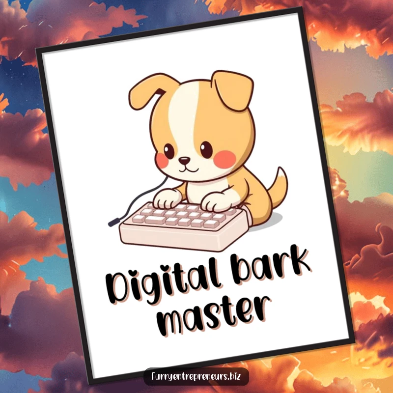 Funny poster art of an adorable dog intently typing on a miniature keyboard, radiating focus and pet-loving charm.