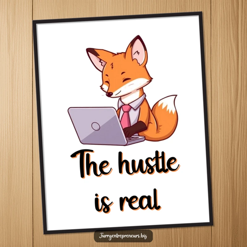 Funny poster of a fox wearing a tie, focused on typing on a laptop, perfect for office decor.