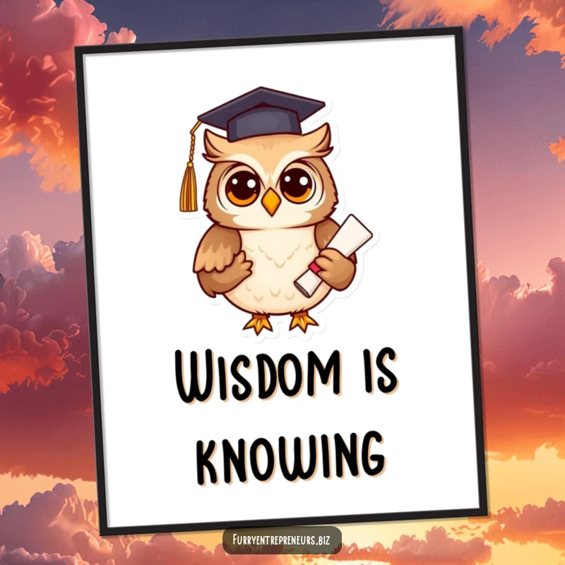 Funny owl in a graduation cap holding a diploma, featured on a humorous wall art poster, ideal for a funny graduation gift.