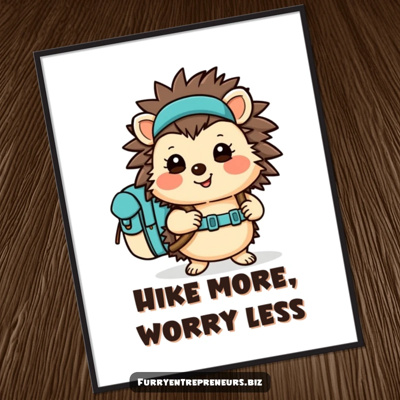 Funny Hedgehog Hiking Poster showcasing a cheerful character with a backpack, set against a scenic outdoor backdrop. Motivational wall art.