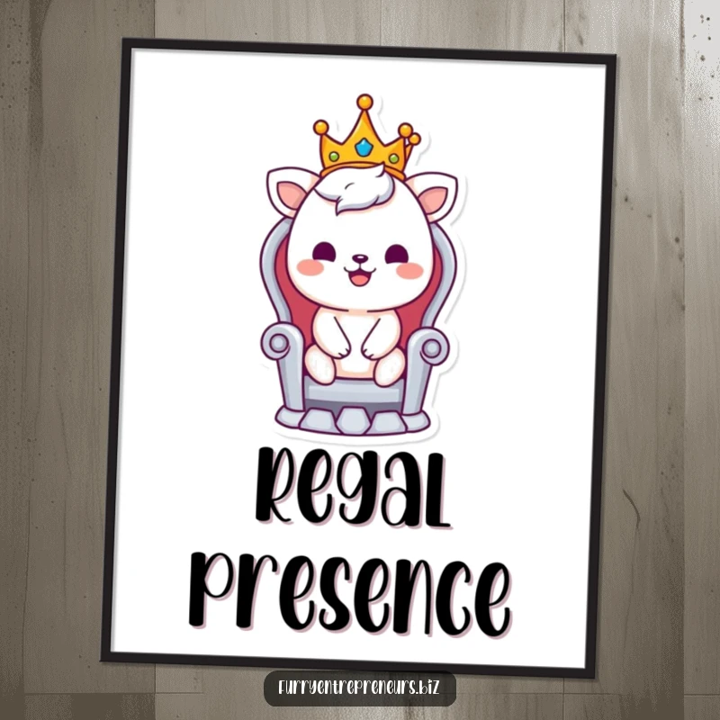 Funny poster art of a smiling animal character, wearing a crown, sitting on a tiny throne, exuding regal amusement.