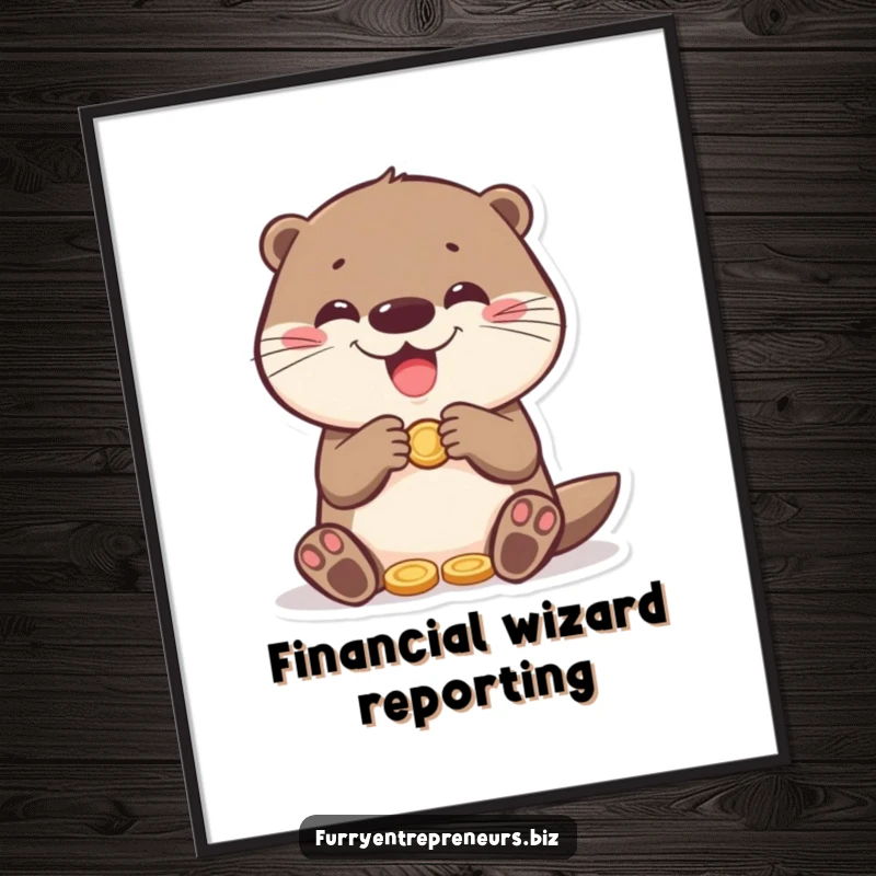 Funny otter character joyfully counting a stack of coins, a delightful and humorous poster for wall art and funny gift.