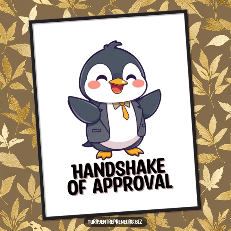 Funny penguin in a suit shaking hands on a poster, business art, professional humor, cheerful and amusing, delightful funny gift.