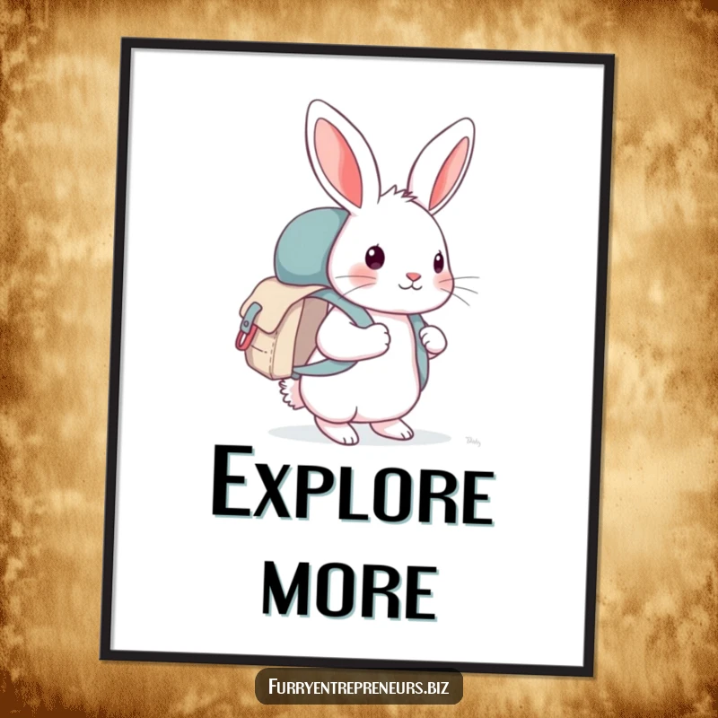 Funny curious rabbit wearing a tiny backpack, exploring new places, framed as a vibrant poster artwork, perfect for wall decor.