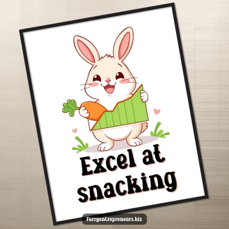 Funny rabbit character enthusiastically presenting a rising graph with a carrot on a poster, symbolizing success and positive trends.
