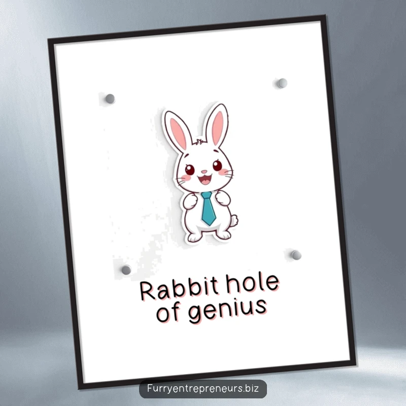 Funny poster art of a happy rabbit in a small tie, presenting on a whiteboard, conveying a message of smart ideas.