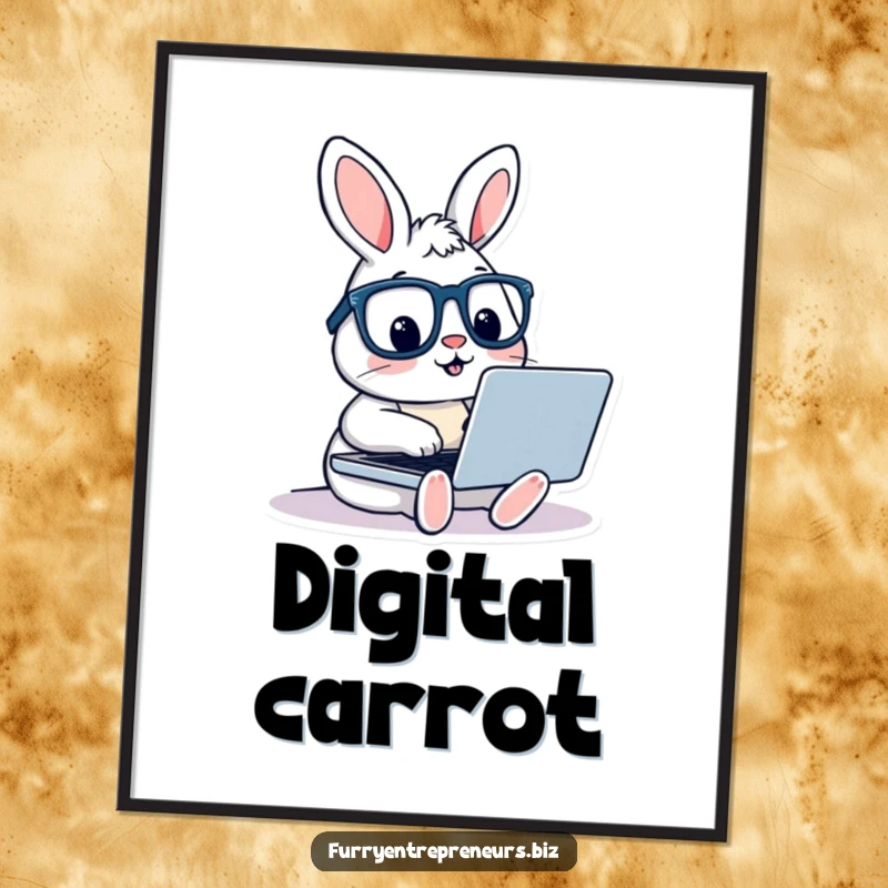 Funny poster featuring a rabbit with glasses intently typing on a laptop, embodying creativity and humor for wall decor.