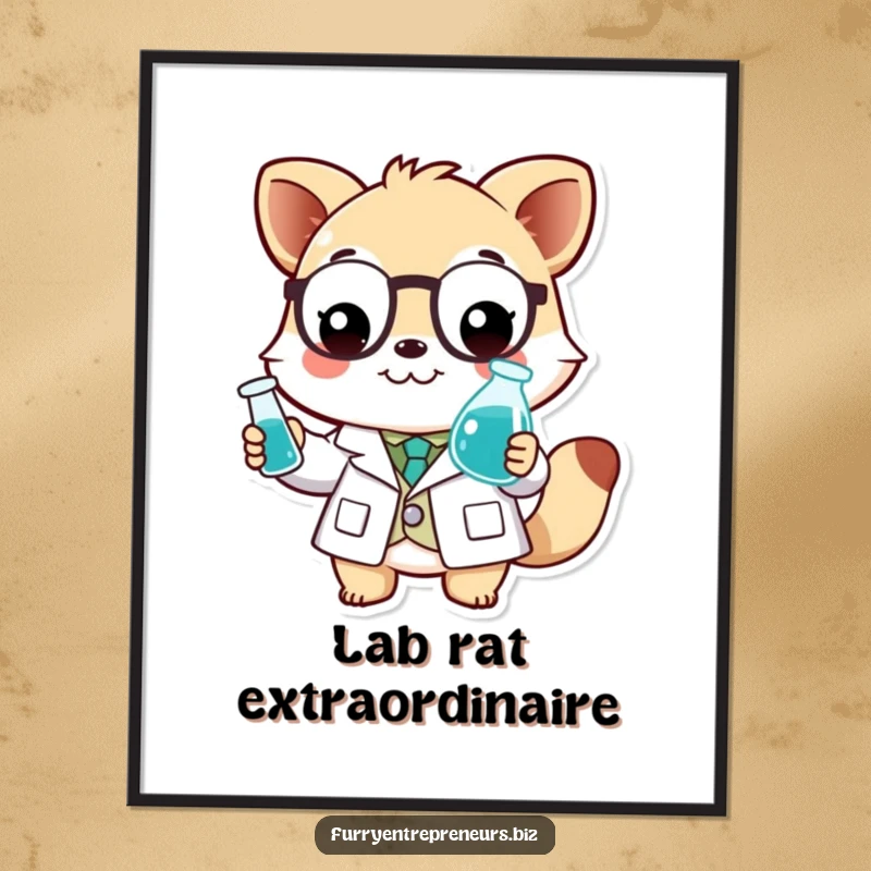 Funny scientist animal poster of a smiling character in a lab coat, attentively holding a tiny beaker.