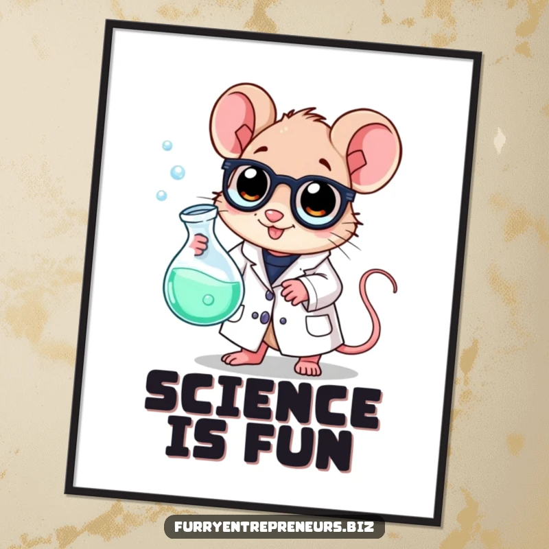 Funny scientist mouse poster, wearing a lab coat, holding a bubbling beaker, ready to conduct humorous experiments.