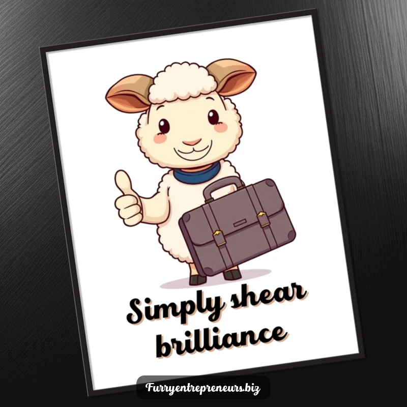 Funny sheep poster, holding a briefcase, calmly giving a thumbs up, embodying peaceful achievement.