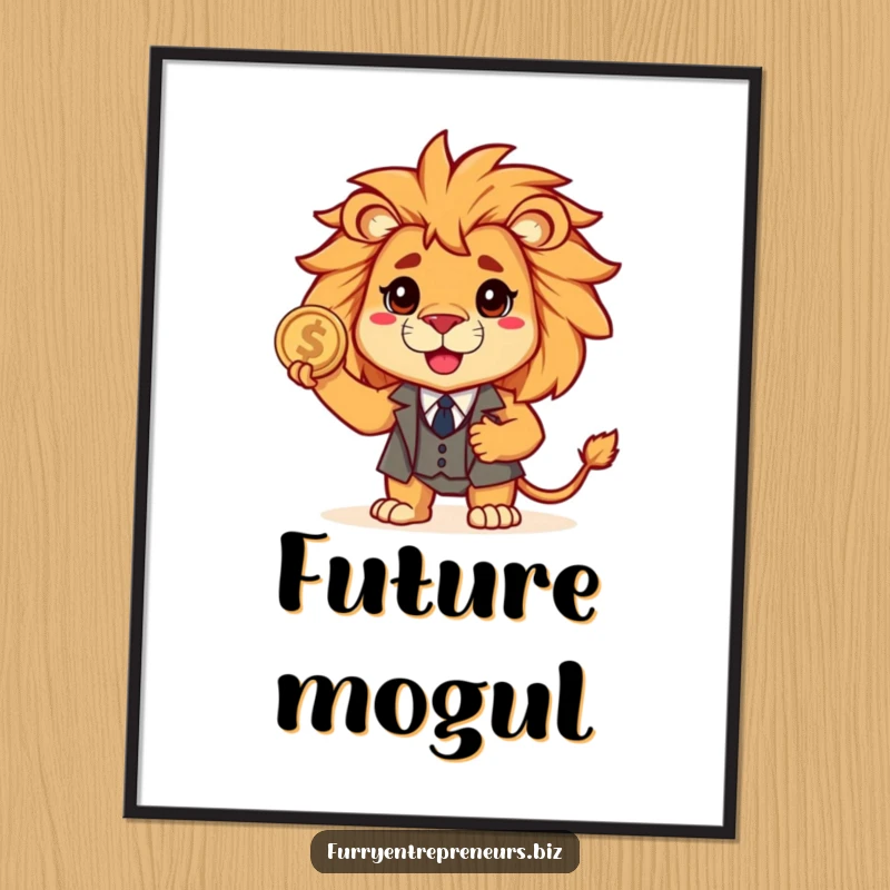 Funny lion in a sharp, tiny suit firmly holds a single coin, looking brave and ready for business on this humorous poster.