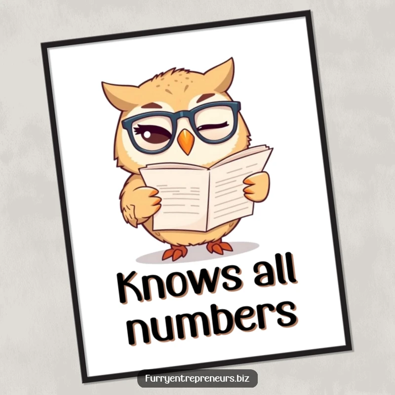 Funny poster art of a winking owl wearing glasses, reading a large financial report, radiating intelligence and humor.