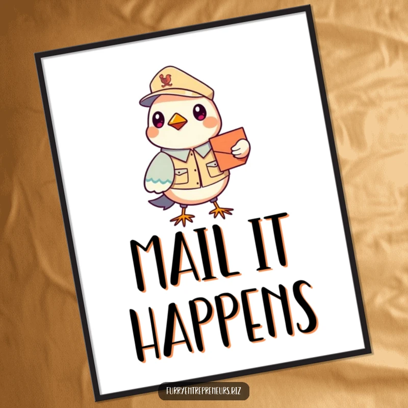Funny Bird Mail Carrier Poster: A stylized illustration of a bird in a postal uniform delivering mail, bringing a humorous and artistic vibe to any wall.