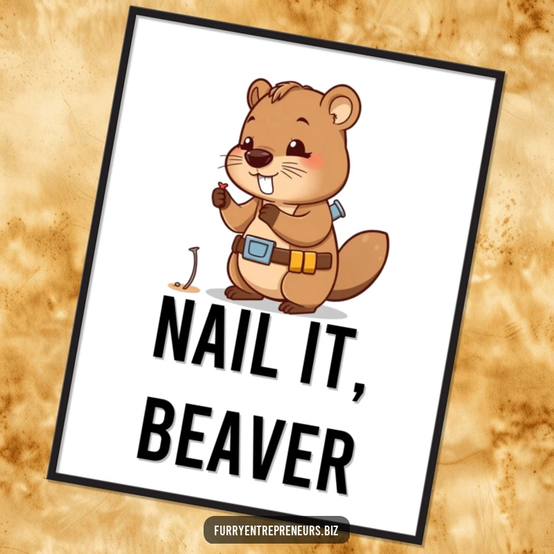 Funny poster of a cute beaver character wearing a tool belt, examining a tiny nail with meticulous attention.