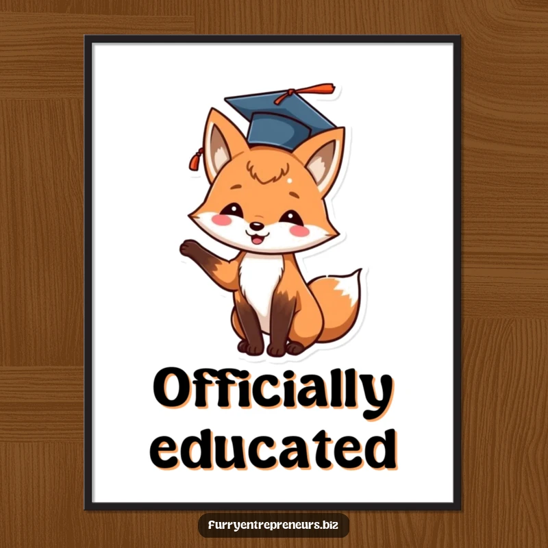 Funny fox graduation poster featuring a cheerful animal tossing its cap in the air, celebrating success.