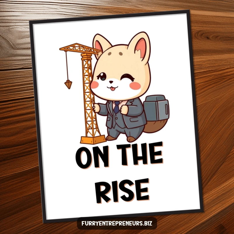 Funny animal business poster art of a cute character in a tiny suit operating a miniature crane, perfect for quirky decor.