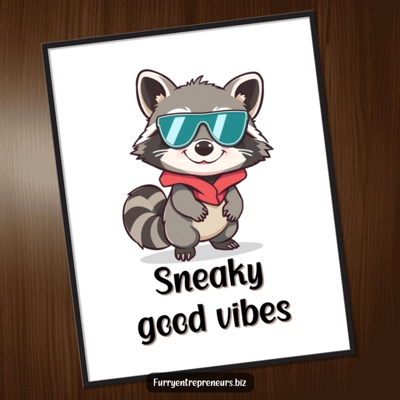 Funny raccoon in spy disguise, sneaking silently on a poster, secret agent theme, mysterious and humorous, delightful funny gift.