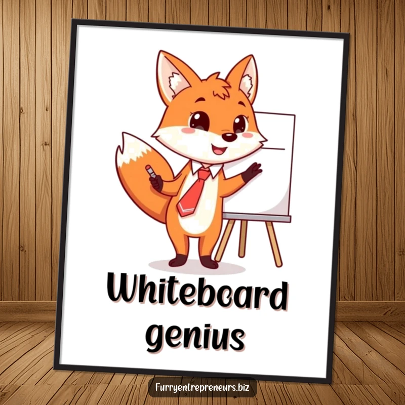 Funny fox poster, wearing a tie, pointing energetically at a whiteboard, illustrating a point.