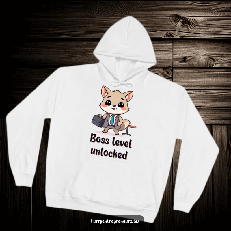 Funny animal business meeting hoodie, a smiling creature with a briefcase leads a tiny office gathering, perfect for cozy, humorous, professional wear.
