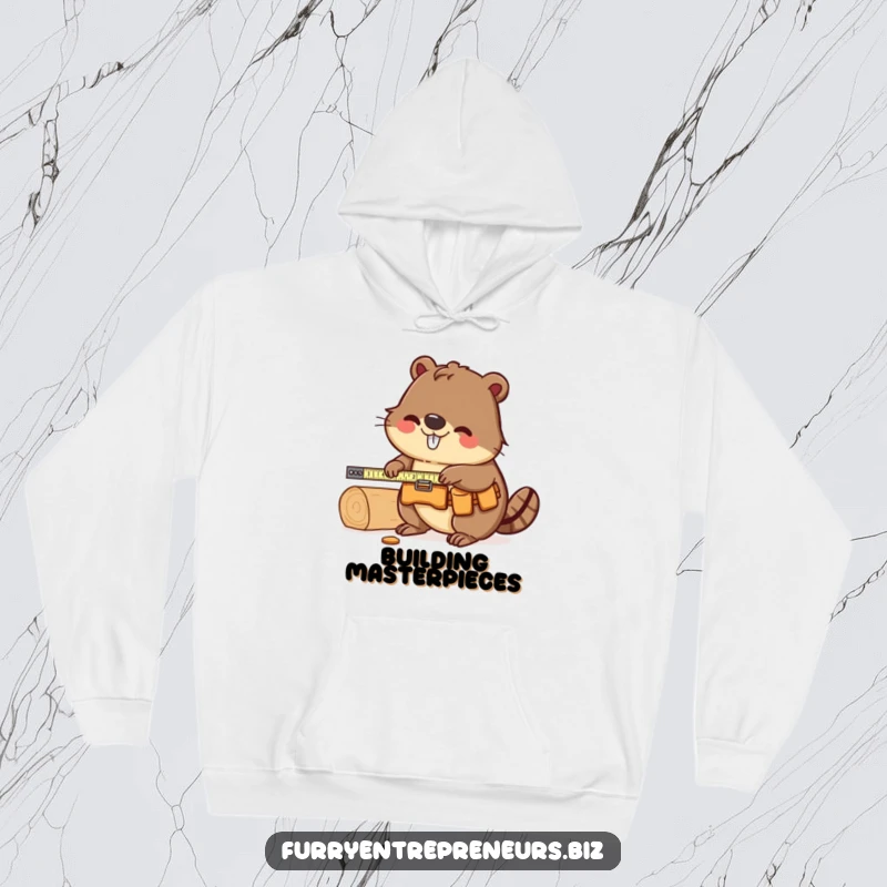 Funny Beaver Carpenter Hoodie: A charming illustration of a beaver wearing a tool belt and measuring wood, ensuring warmth and humor for the DIYer.