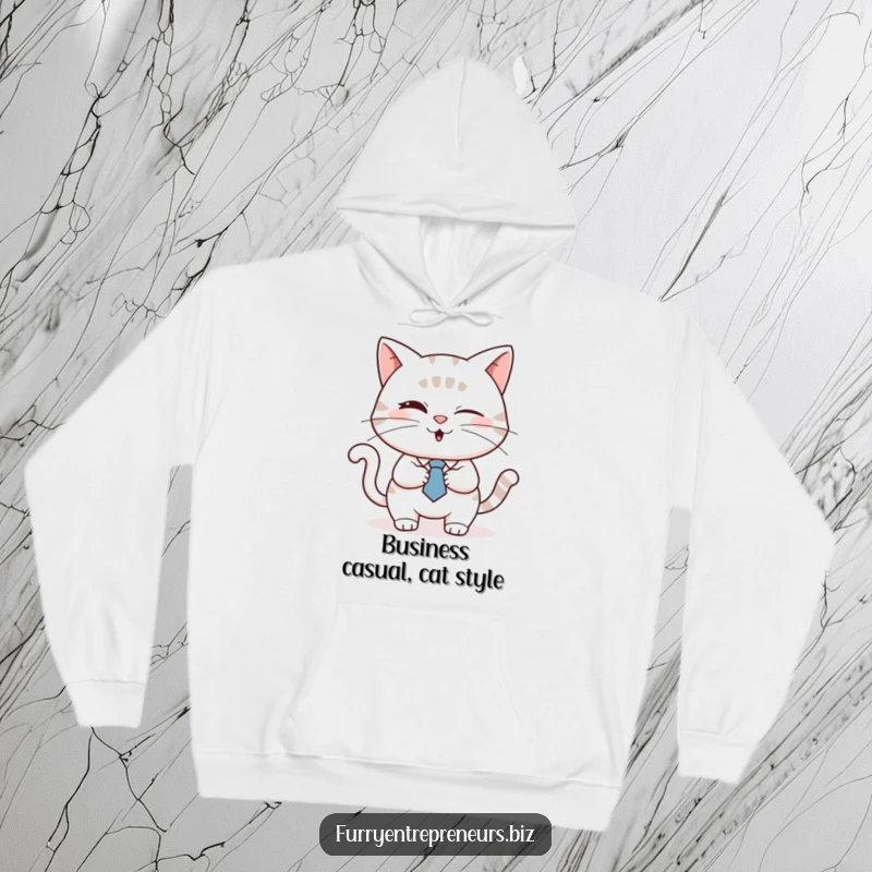 Funny cat wearing a tie, winking and shaking hands, on a cozy hoodie, symbolizing successful partnerships, a humorous funny gift.