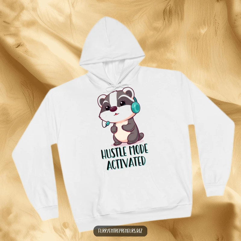 Funny badger hoodie showcasing a focused badger wearing a headset, giving a presentation, offering warmth and a dose of professional motivation.