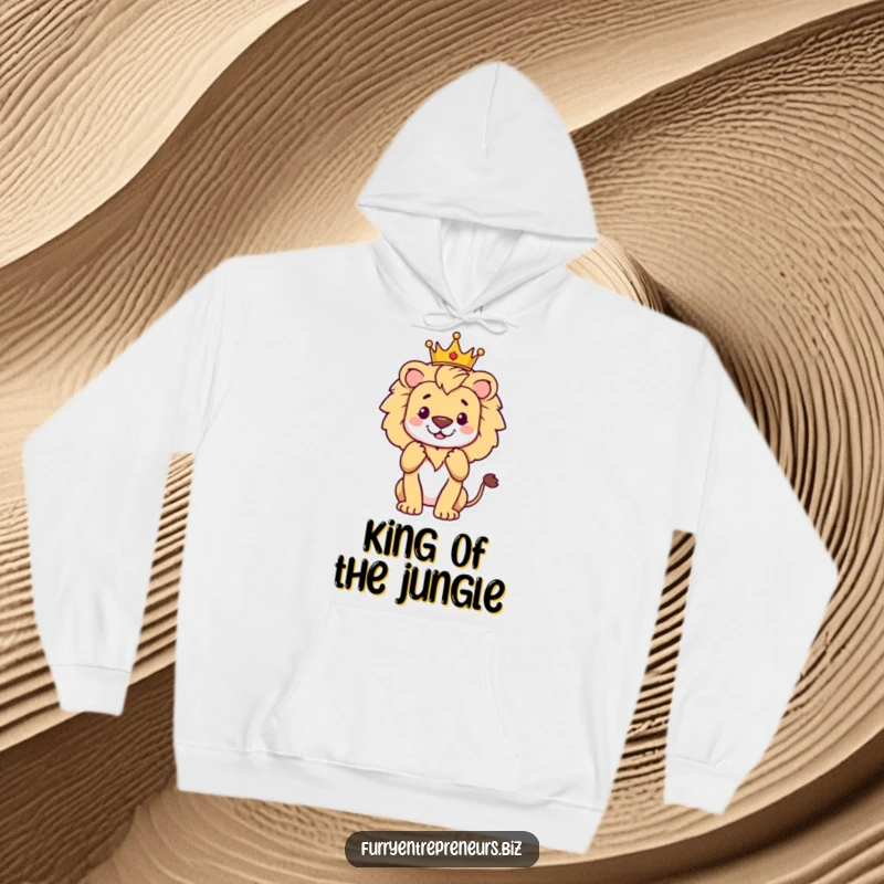 Funny proud lion wearing a crown, accepting applause on a cozy hoodie, ideal for a regal and funny gift.