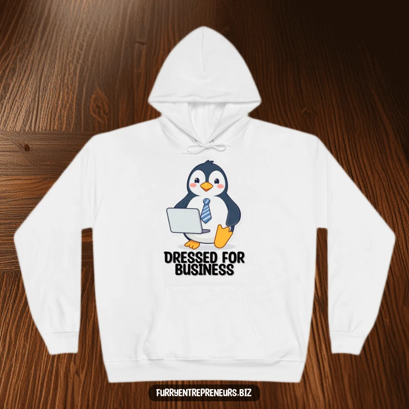 Funny penguin hoodie showcasing a professional penguin with a tie and laptop, offering warmth and a touch of witty business humor.