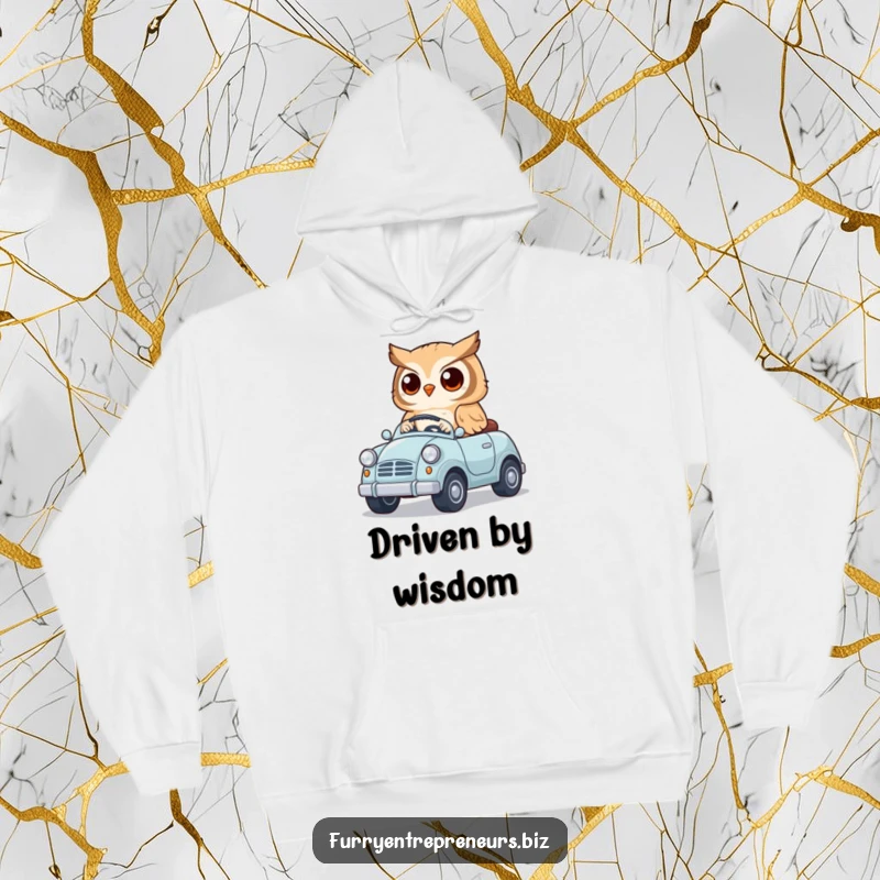 Funny hoodie with a cute owl driving a small toy car, perfect for staying warm while embracing playful adventure and animal charm.