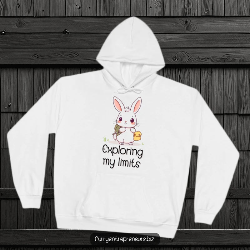 Funny rabbit explorer hoodie featuring a cute rabbit with a tiny backpack, ready for cozy explorations.
