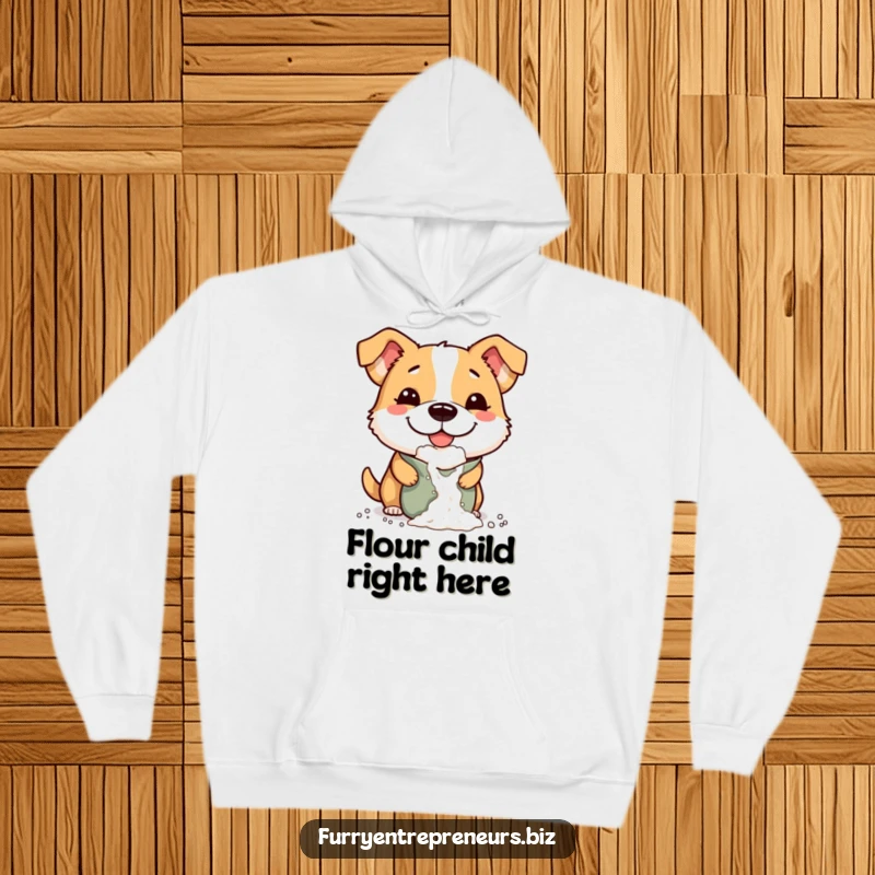 Funny hoodie design of a mischievous dog with a comically large, happy smile, playfully spilling flour from a bag.