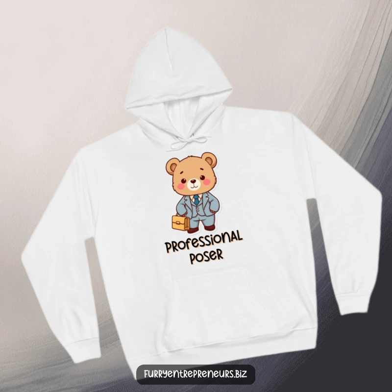 A humorous depiction of a cute bear in a small suit, carrying a briefcase, offering comfortable and funny business attire on a hoodie.