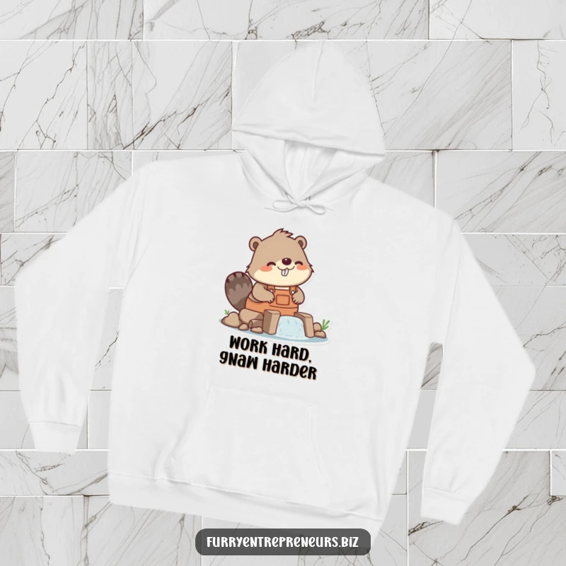 Funny beaver in overalls building a dam, warm hoodie, construction worker gift, industrious and cozy, perfect funny gift.