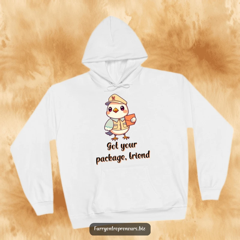 Funny Bird Mail Carrier Hoodie: A cute, uniformed bird carrying a mailbag, depicted on a cozy hoodie, radiating warmth and cheerful delivery service.