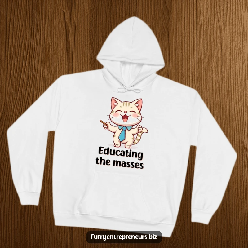 Funny hoodie featuring a joyful cat character wearing a necktie and using a pointer stick, looking scholarly and warm.