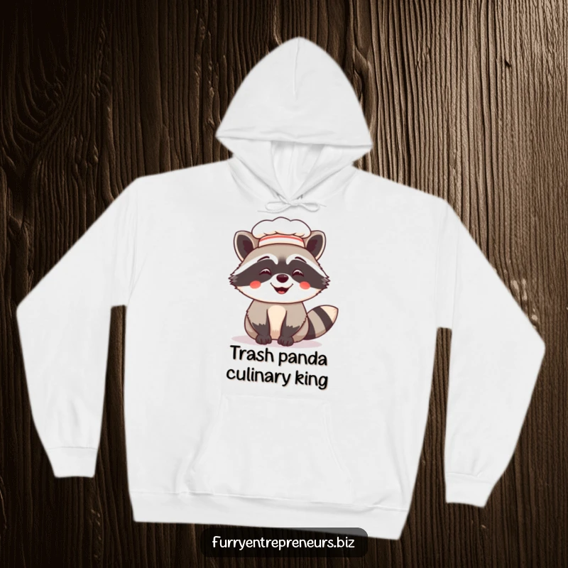 Funny hoodie showcasing a giggling raccoon in a miniature chef hat, offering cozy comfort and a dose of adorable culinary humor.