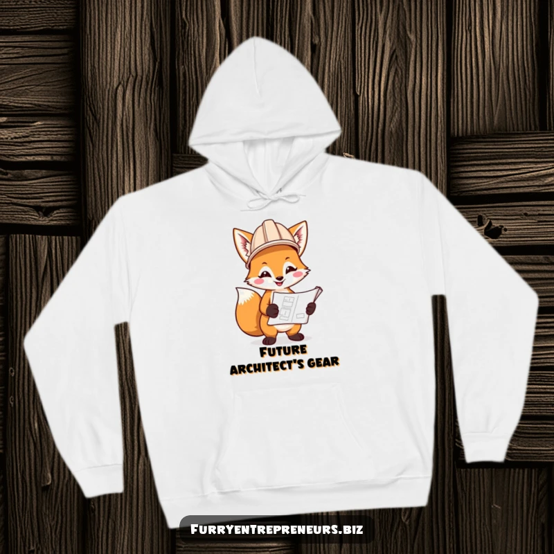 Funny hoodie showcasing a smiling fox in a hard hat, holding a blueprint, symbolizing clever planning and construction fun.