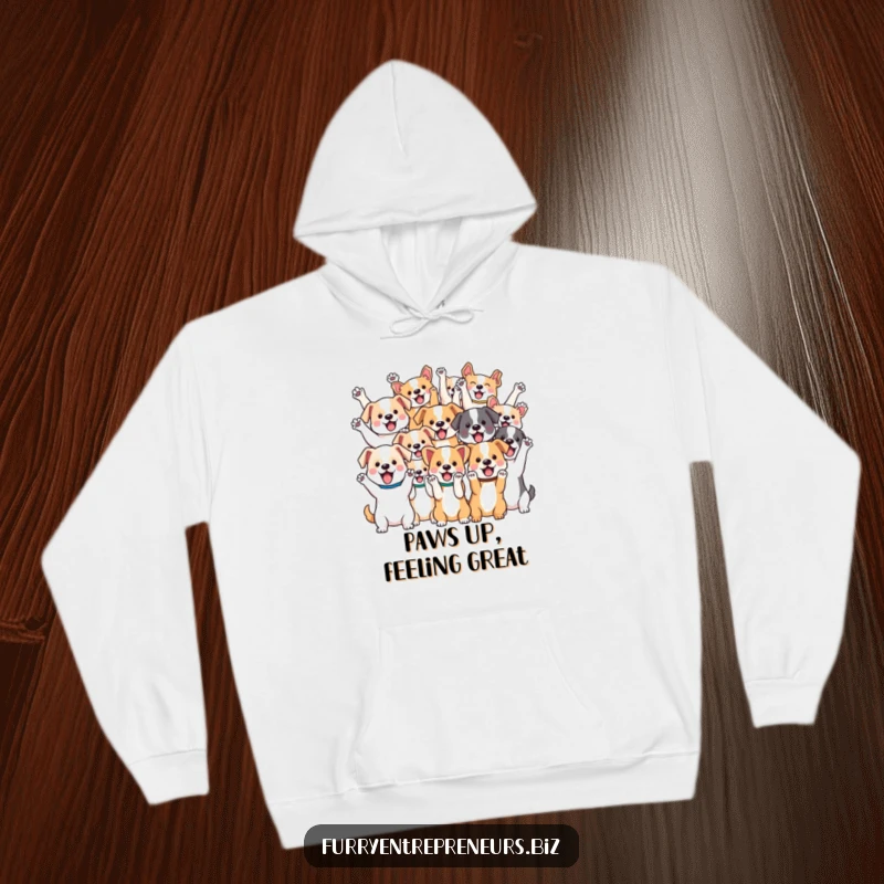 Funny hoodie design of a group of various kawaii dogs joyfully cheering with their paws in the air, radiating happiness.