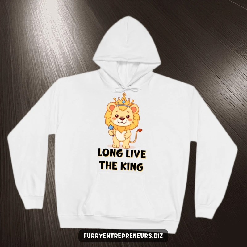 Funny lion king hoodie featuring a proud lion with a tiny crown and scepter, radiating cozy, kingly vibes.