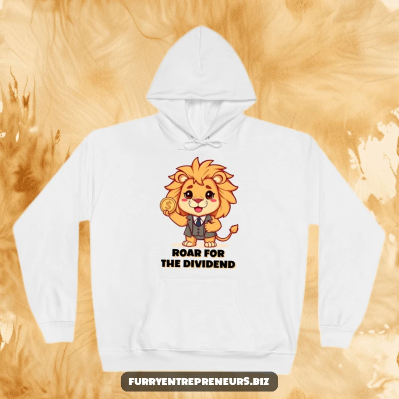 Funny lion in a miniature business suit, clutching a coin, looking brave and sophisticated on this warm and humorous hoodie.