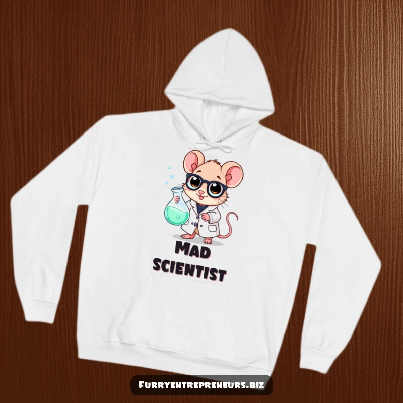 Funny scientist mouse hoodie, wearing a lab coat and holding a bubbling beaker, embodying cozy scientific exploration.