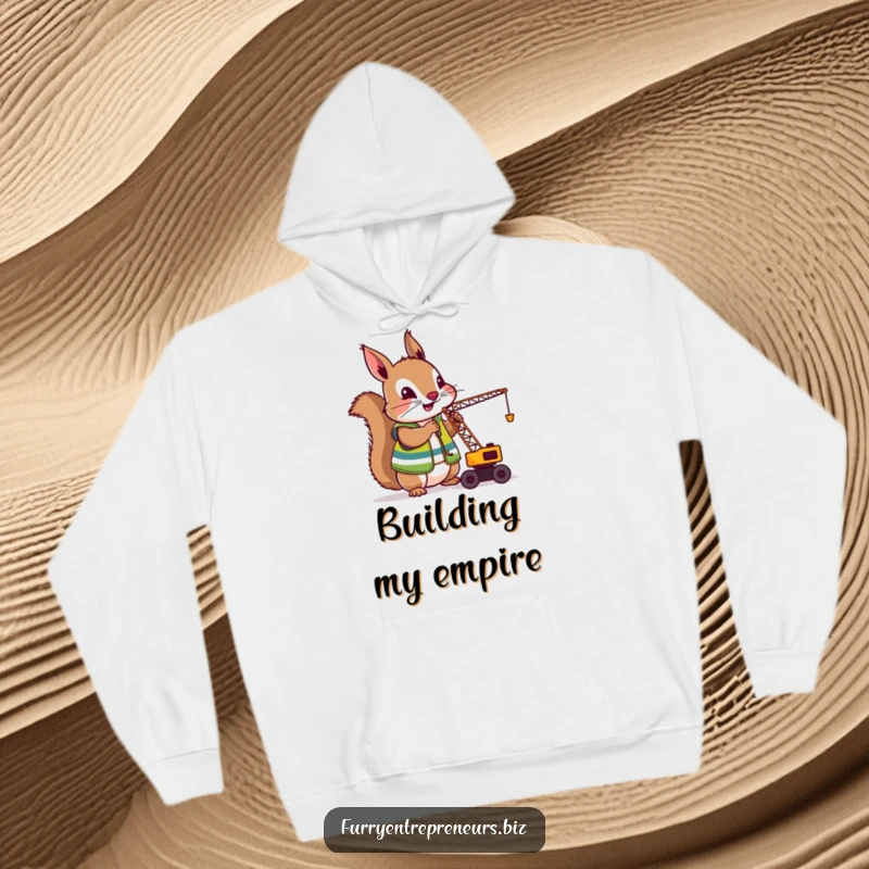 Funny Squirrel Crane Operator Hoodie: A charming illustration of a squirrel in a construction vest operating a tiny crane, ensuring warmth and humor for the wearer.