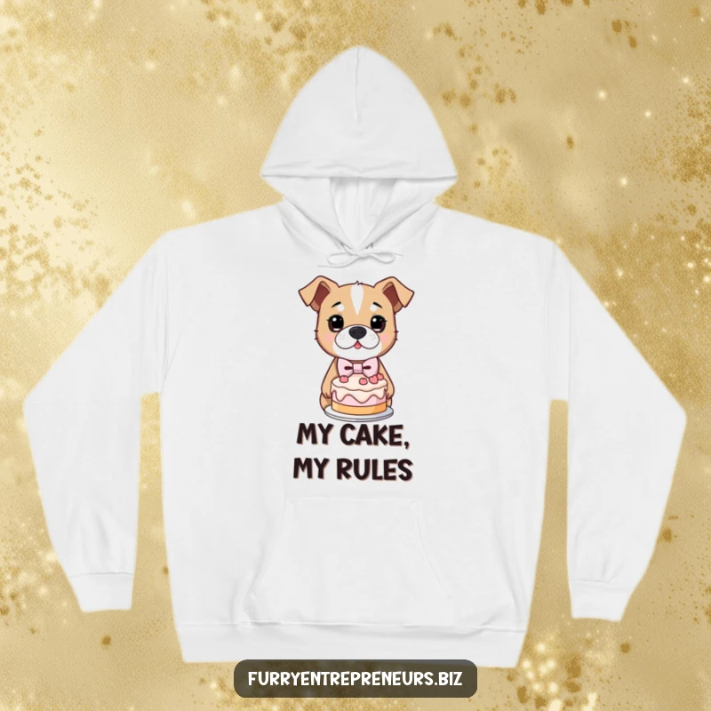 Funny hoodie design of a determined dog wearing a mini bowtie, proudly presenting a lopsided cake with earnest pride.