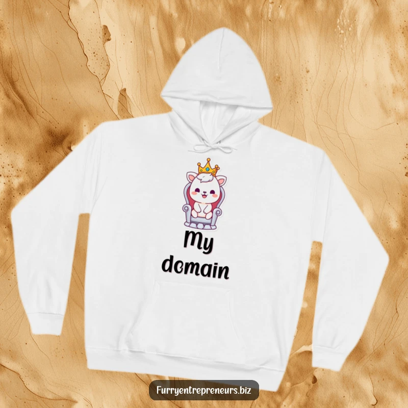 Funny hoodie featuring a smiling animal character, wearing a tiny crown, sitting regally on a small throne.