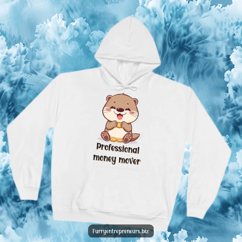 Funny otter counting coins while looking delighted, a cozy hoodie perfect for gifting and expressing a humorous, money-loving personality.