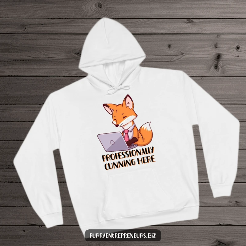 Funny hoodie featuring a dapper fox in a tie, busy working on a laptop, great for professionals.
